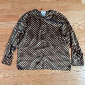 Vintage Christian Dior Crew Neck Button Down Blouse Brown Yellow Printed